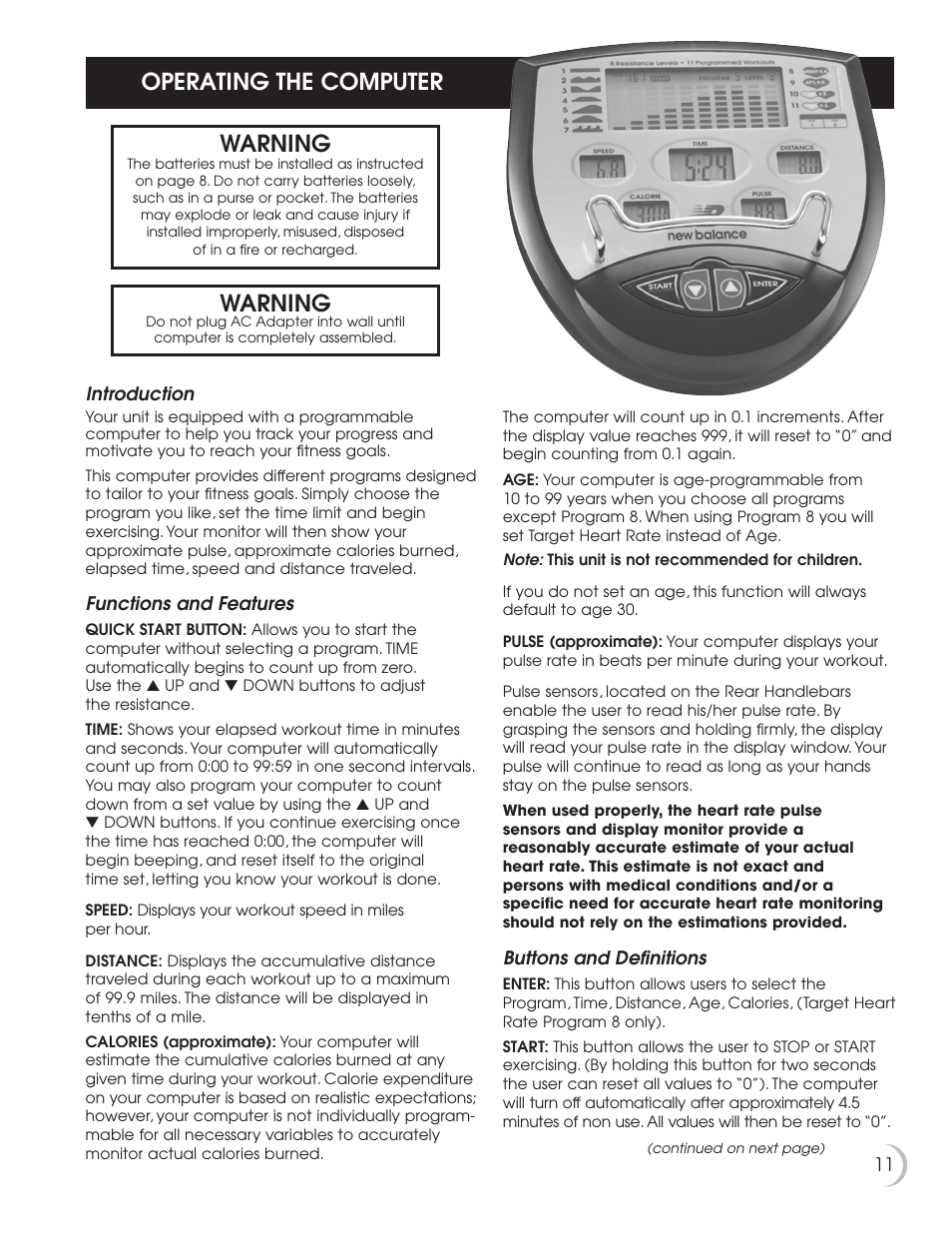 Operating the computer warning, Warning | Fitness Quest 7.0r User Manual | Page 12 / 26