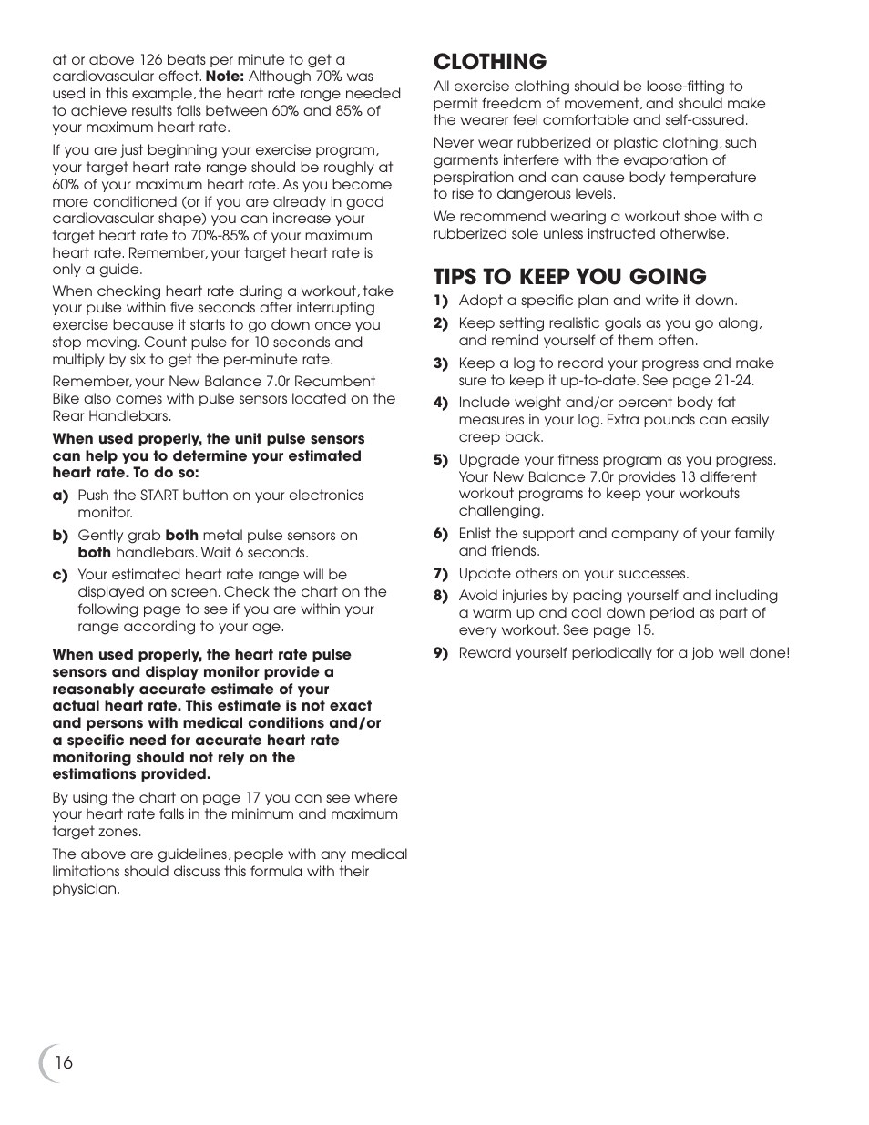 Clothing, Tips to keep you going | Fitness Quest 7.0r User Manual | Page 17 / 26