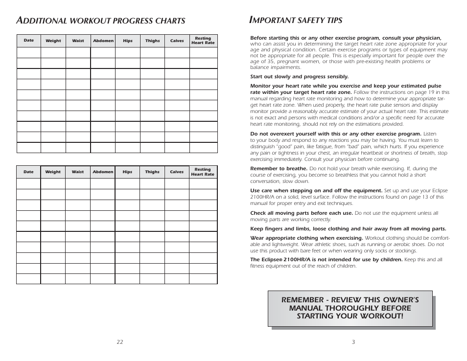Mportant safety tips, Dditional workout progress charts | Fitness Quest 2100HR User Manual | Page 4 / 13