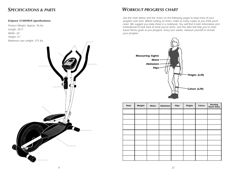 Pecifications & parts, Orkout progress chart | Fitness Quest 2100HR User Manual | Page 5 / 13