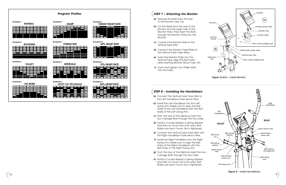 916 step 8 – installing the handlebars, Step 7 – attaching the monitor, Program profiles | Fitness Quest 1175e User Manual | Page 10 / 13