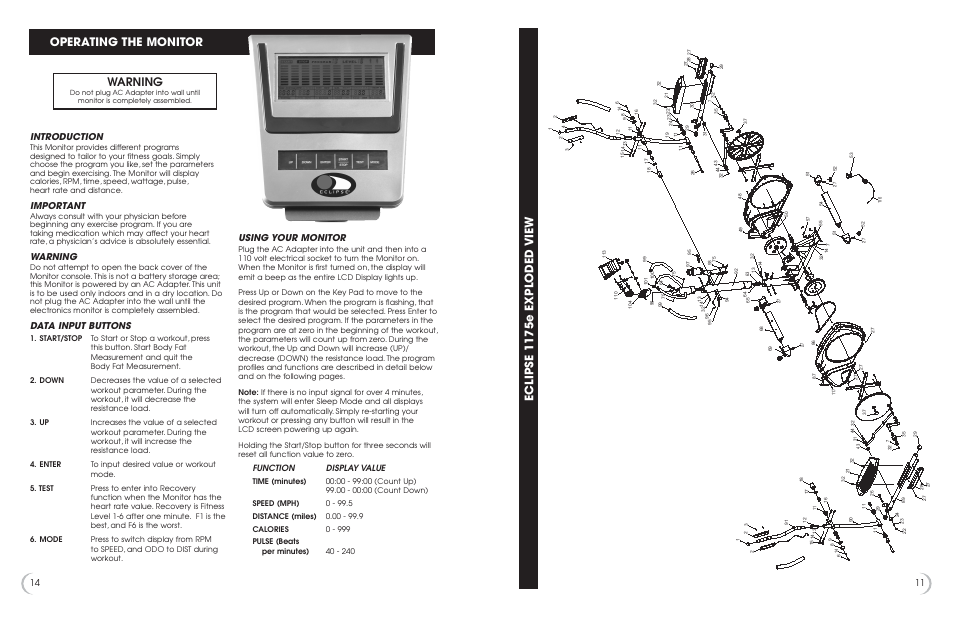 Eclipse 1175e e xploded view operating the monitor, Introduction, Important | Warning, Data input buttons, Using your monitor, Function display value | Fitness Quest 1175e User Manual | Page 12 / 13