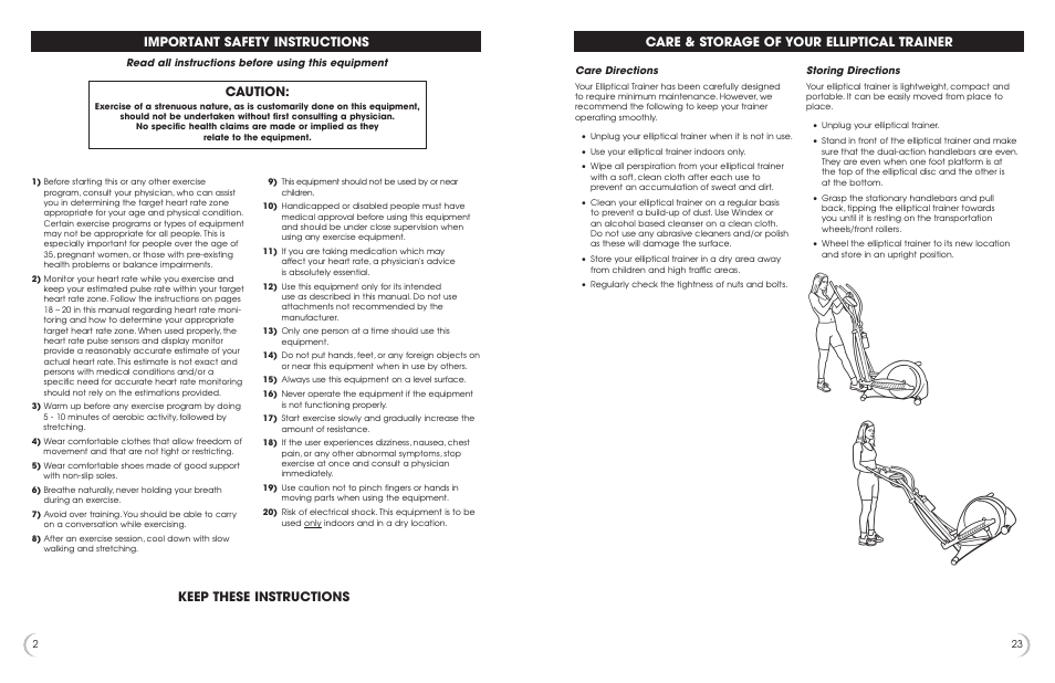 Important safety instructions, Caution, Keep these instructions | Care & storage of your elliptical trainer | Fitness Quest 1175e User Manual | Page 3 / 13