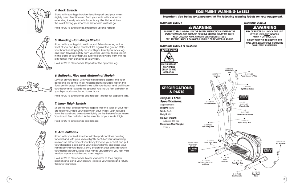 Warning, Equipment warning labels specifications & parts, Eclipse 1175e specifications | Back stretch, Standing hamstrings stretch, Buttocks, hips and abdominal stretch, Inner thigh stretch, Arm pullback | Fitness Quest 1175e User Manual | Page 4 / 13