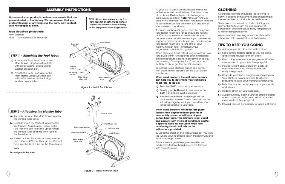 Assembly instructions, Clothing, Tips to keep you going | 19 6 step 1 – attaching the foot tubes, Step 2 – attaching the monitor tube | Fitness Quest 1175e User Manual | Page 7 / 13