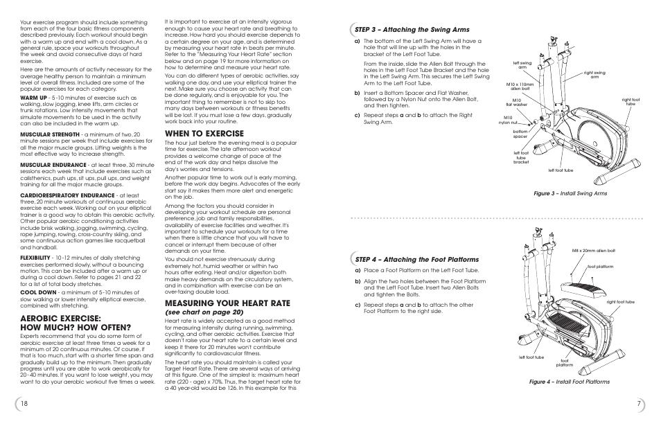 Aerobic exercise: how much? how often, When to exercise, Measuring your heart rate | 718 step 3 – attaching the swing arms, Step 4 – attaching the foot platforms, See chart on page 20) | Fitness Quest 1175e User Manual | Page 8 / 13