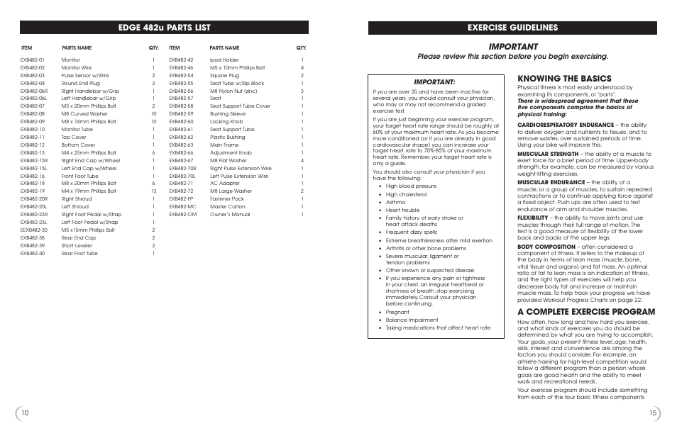 Edge 482u parts list, Important, Exercise guidelines | Knowing the basics, A complete exercise program | Fitness Quest 482u User Manual | Page 11 / 13