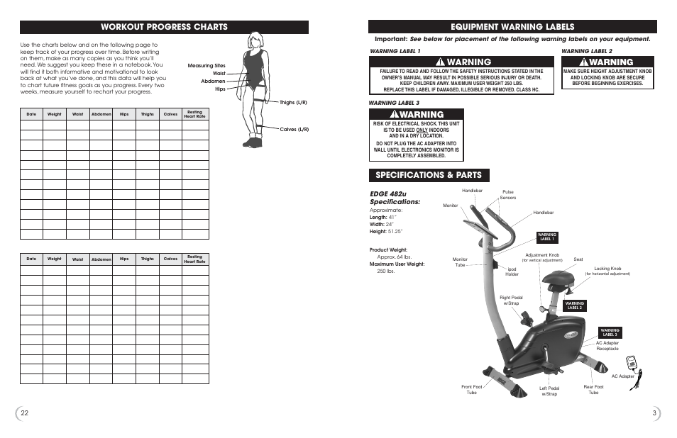 Warning, Equipment warning labels specifications & parts, Workout progress charts | Edge 482u specifications | Fitness Quest 482u User Manual | Page 4 / 13