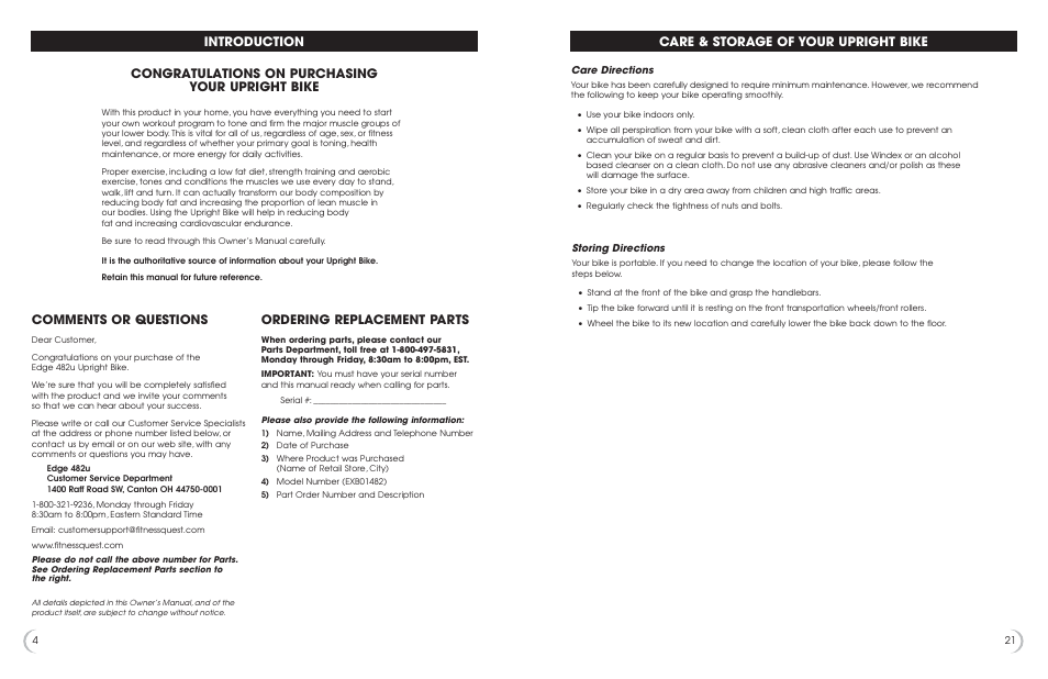 Comments or questions, Ordering replacement parts, Care & storage of your upright bike | Fitness Quest 482u User Manual | Page 5 / 13