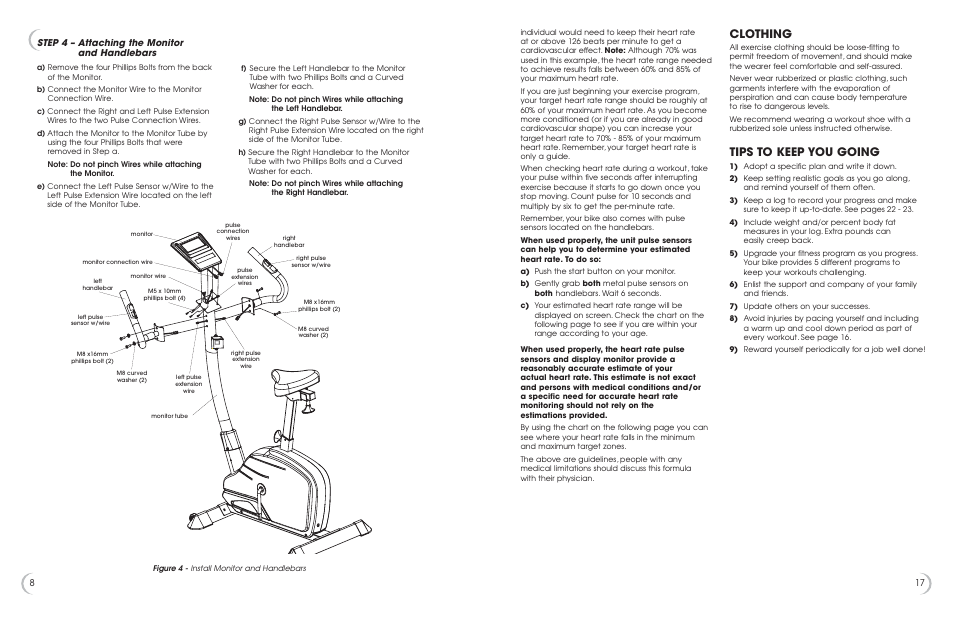 Clothing, Tips to keep you going, 17 8 step 4 – attaching the monitor and handlebars | Fitness Quest 482u User Manual | Page 9 / 13