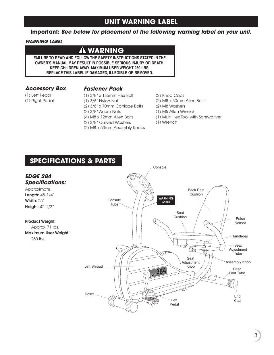 Warning, Unit warning label specifications & parts, Accessory box | Fastener pack | Fitness Quest 284 User Manual | Page 4 / 25