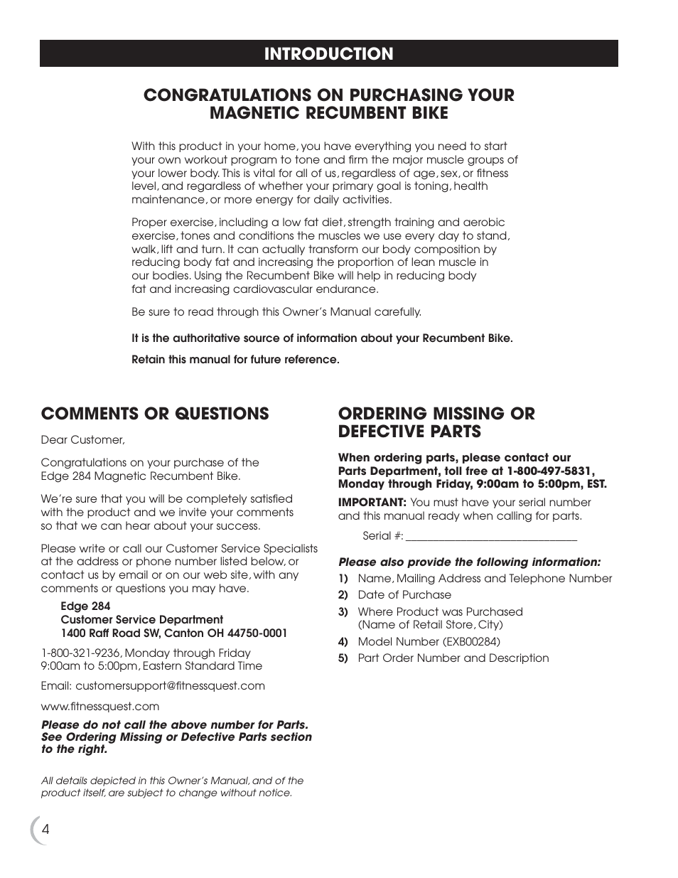 Comments or questions, Ordering missing or defective parts | Fitness Quest 284 User Manual | Page 5 / 25