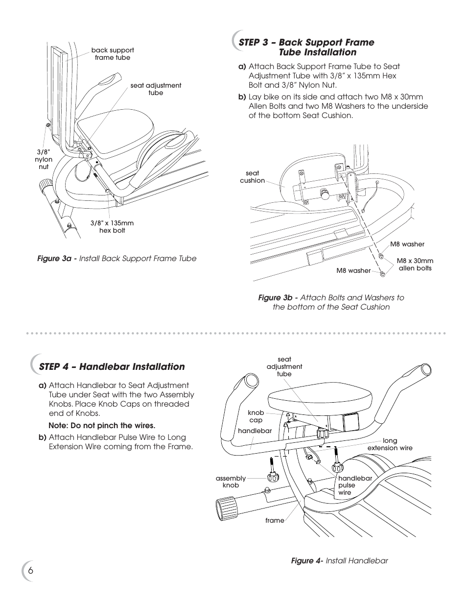6step 4 – handlebar installation, Step 3 – back support frame tube installation | Fitness Quest 284 User Manual | Page 7 / 25