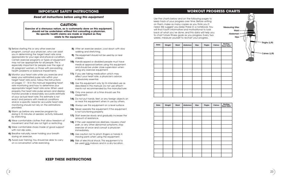 Important safety instructions, Caution, Keep these instructions workout progress charts | Read all instructions before using this equipment | Fitness Quest 475u User Manual | Page 3 / 13