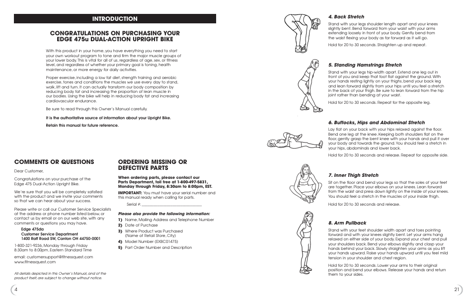 Comments or questions, Ordering missing or defective parts | Fitness Quest 475u User Manual | Page 5 / 13