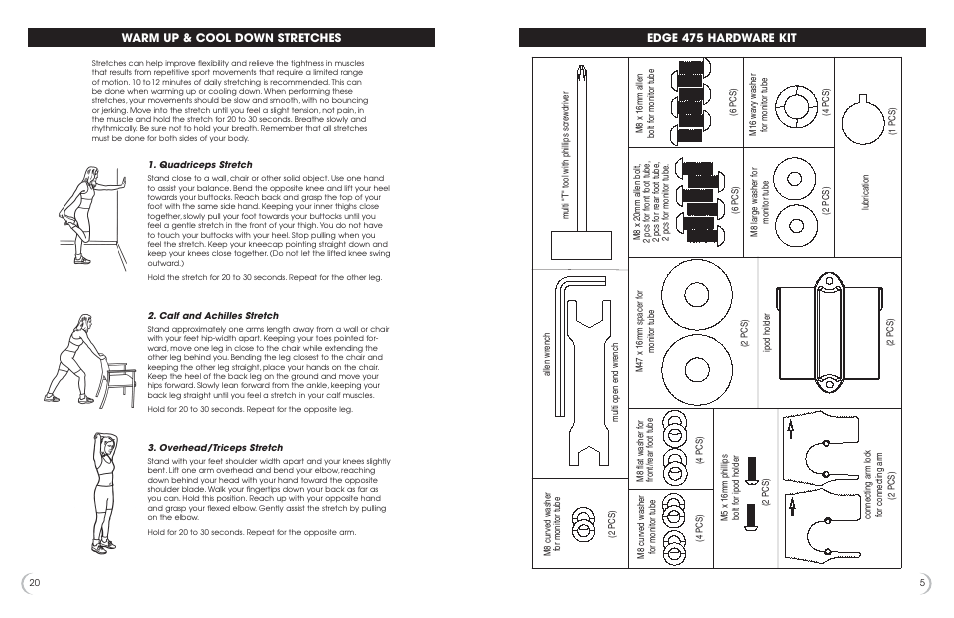 Warm up & cool down stretches, Edge 475 hardware kit | Fitness Quest 475u User Manual | Page 6 / 13