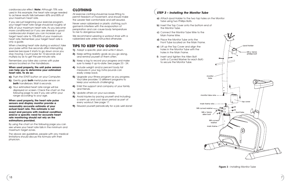 Clothing, Tips to keep you going, Step 3 – installing the monitor tube | Fitness Quest 475u User Manual | Page 8 / 13