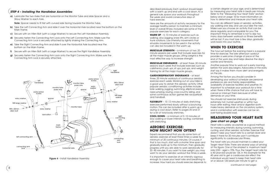 Aerobic exercise: how much? how often, When to exercise, Measuring your heart rate | See chart on page 19), Step 4 – installing the handlebar assemblies | Fitness Quest 475u User Manual | Page 9 / 13