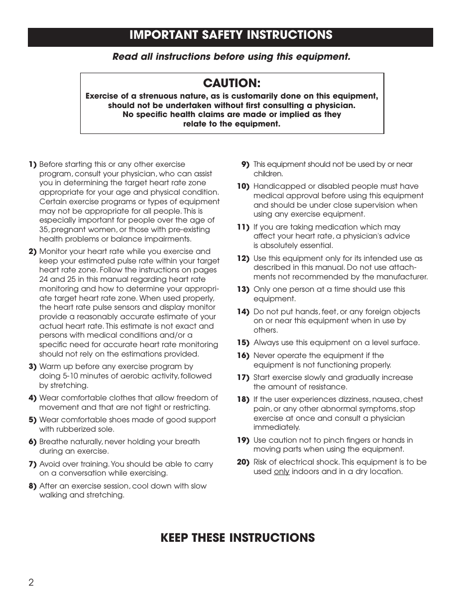 Important safety instructions, Caution, Keep these instructions | Fitness Quest 1400 User Manual | Page 3 / 35