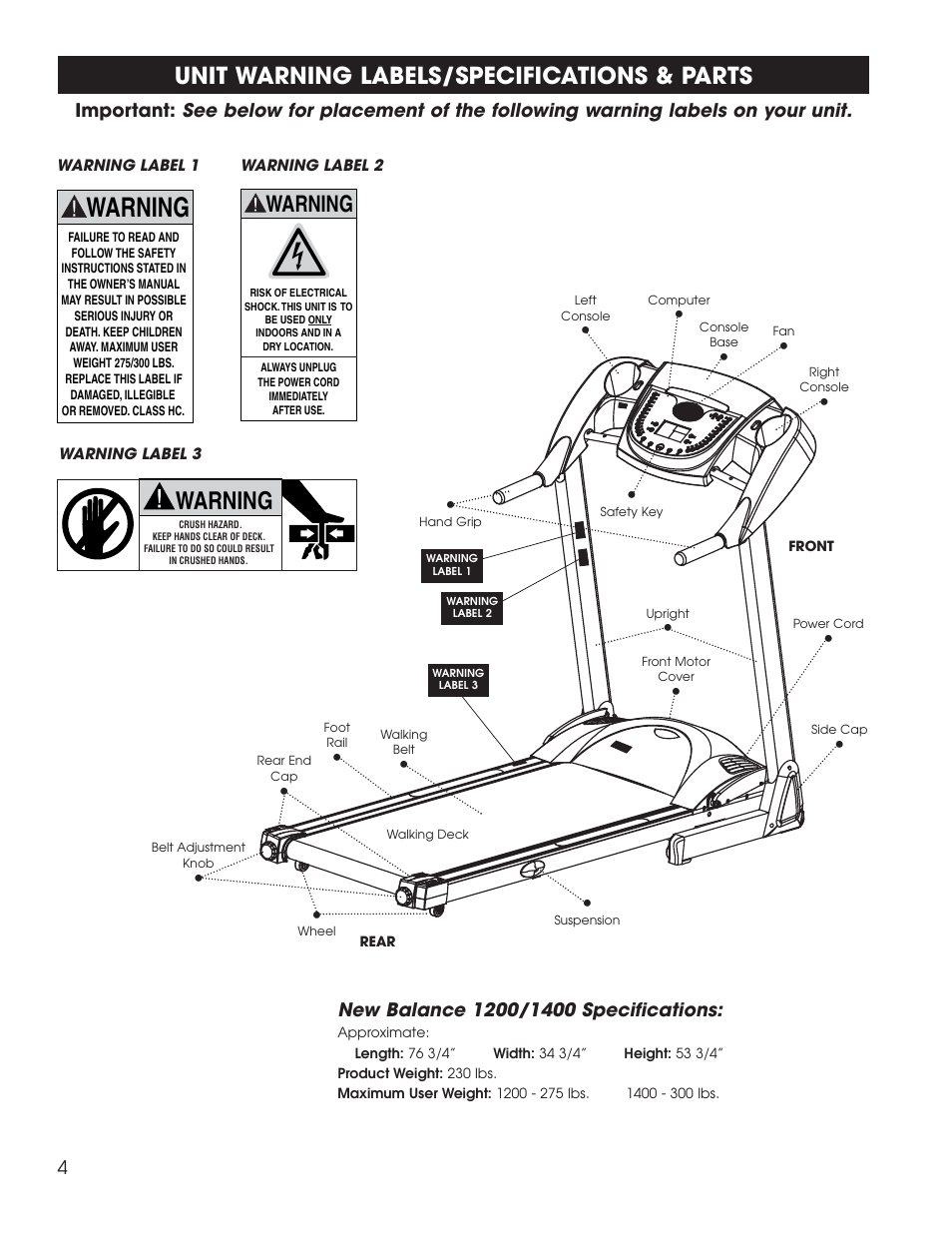 Warning, Unit warning labels/specifications & parts | Fitness Quest 1400 User Manual | Page 5 / 35
