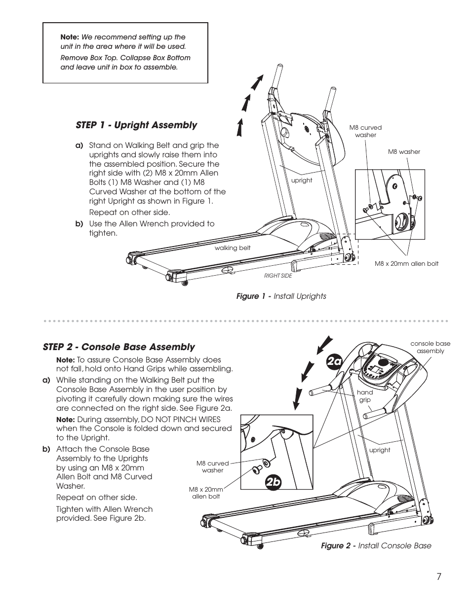 2a 2b, Step 1 - upright assembly, Step 2 - console base assembly | Fitness Quest 1400 User Manual | Page 8 / 35