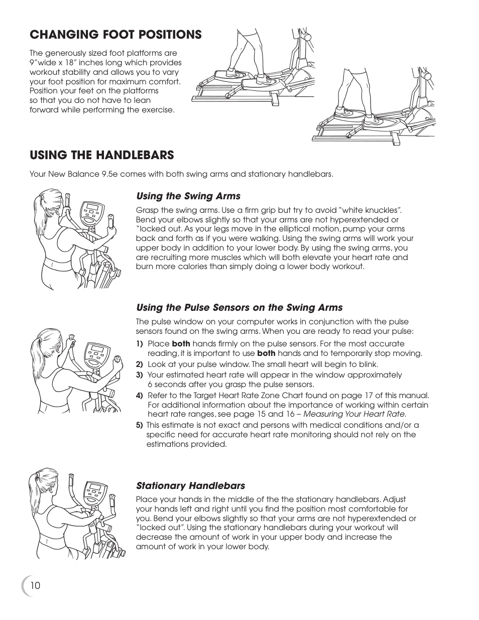 Changing foot positions, Using the handlebars | Fitness Quest 9.5e User Manual | Page 11 / 26