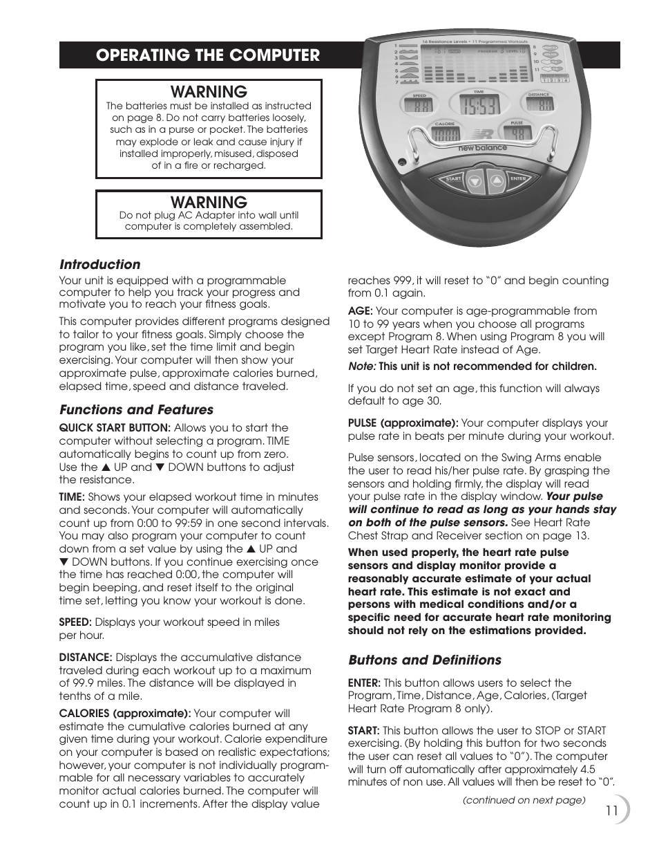 Operating the computer, Warning | Fitness Quest 9.5e User Manual | Page 12 / 26