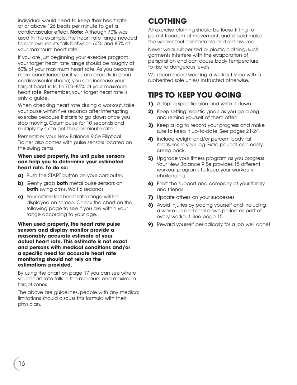 Clothing, Tips to keep you going | Fitness Quest 9.5e User Manual | Page 17 / 26