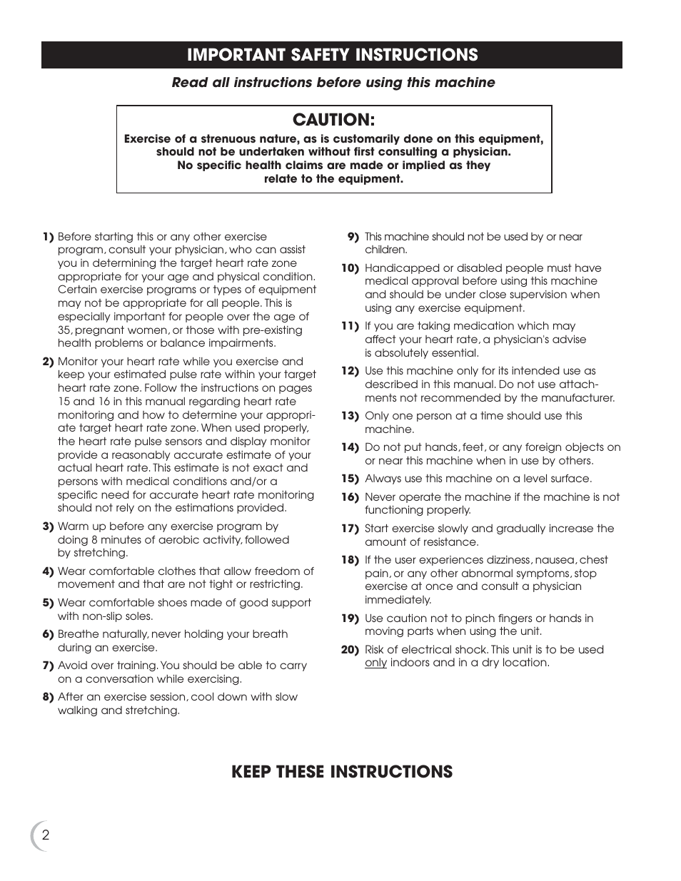 Important safety instructions, Caution, Keep these instructions | Fitness Quest 9.5e User Manual | Page 3 / 26