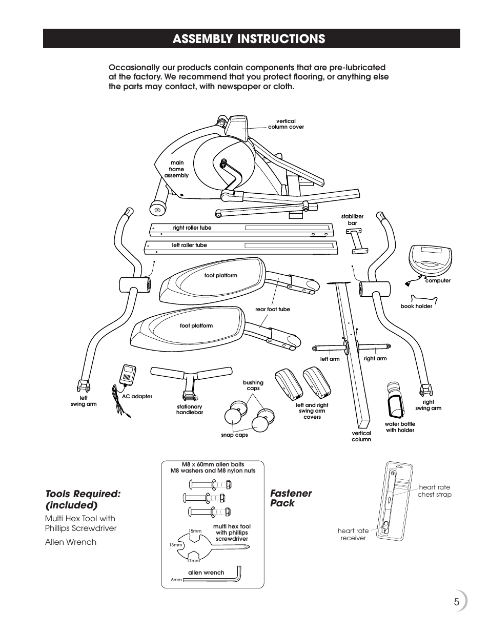 Assembly instructions, 5tools required: (included), Fastener pack | Fitness Quest 9.5e User Manual | Page 6 / 26