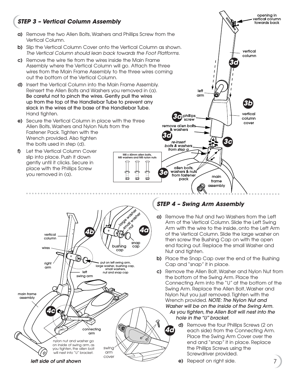 4d 4c, 7step 4 – swing arm assembly, Step 3 – vertical column assembly | Fitness Quest 9.5e User Manual | Page 8 / 26