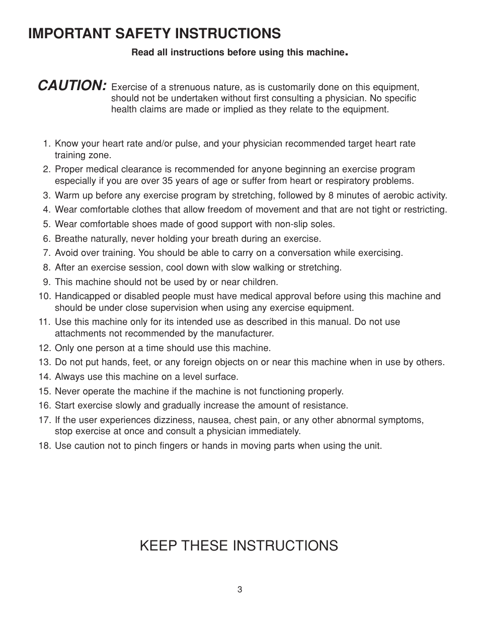 Important safety instructions, Keep these instructions caution | Fitness Quest 386da User Manual | Page 3 / 18