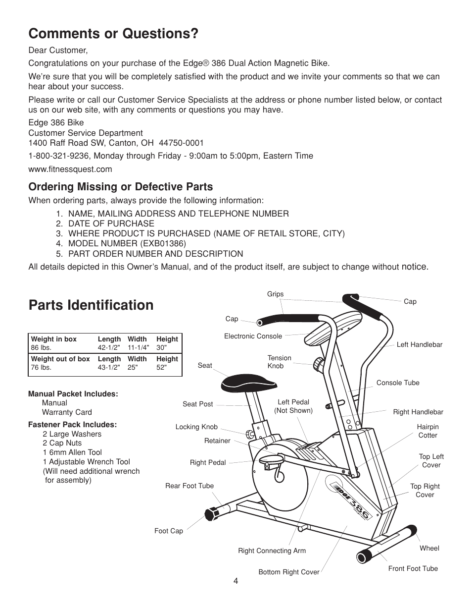 Comments or questions, Parts identification, Ordering missing or defective parts | Fitness Quest 386da User Manual | Page 4 / 18