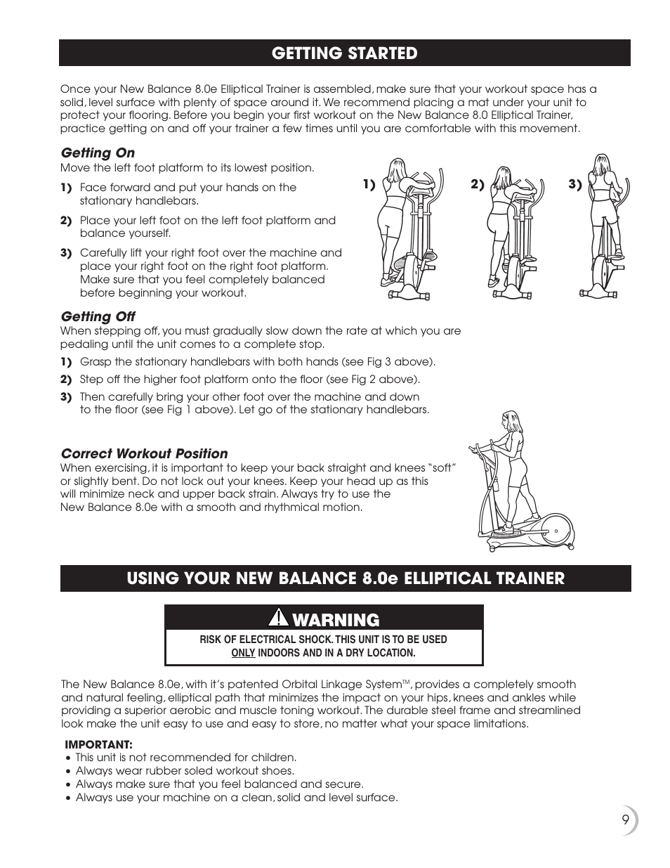 Warning, Getting started, Using your new balance 8.0e elliptical trainer | Fitness Quest 8.0e User Manual | Page 10 / 26