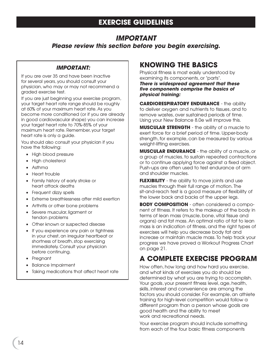 Knowing the basics, A complete exercise program, Important | Exercise guidelines | Fitness Quest 8.0e User Manual | Page 15 / 26