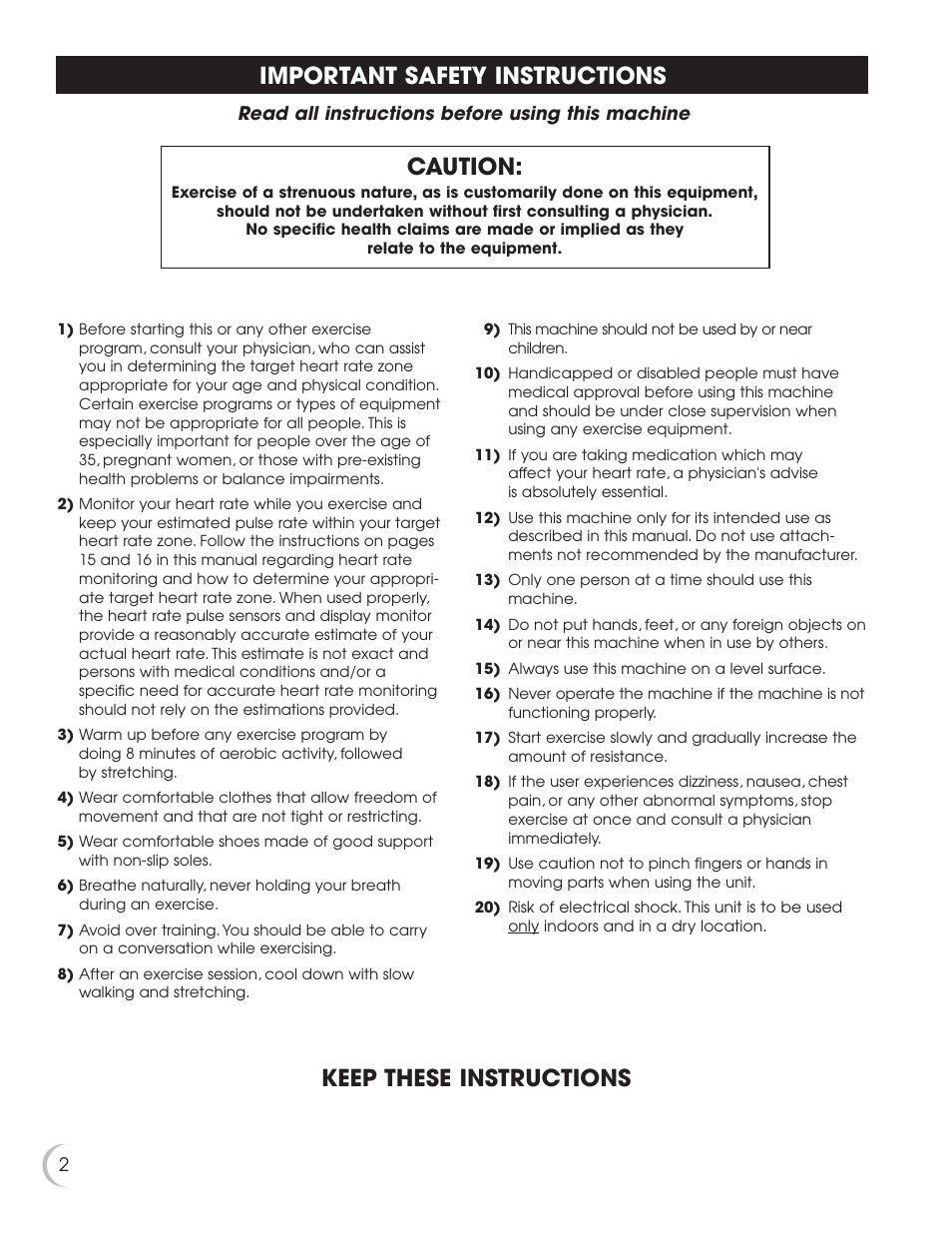Important safety instructions, Caution, Keep these instructions | Fitness Quest 8.0e User Manual | Page 3 / 26