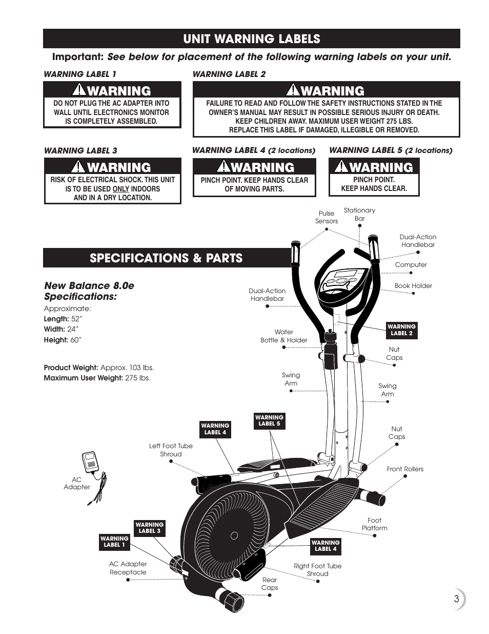Warning, Unit warning labels specifications & parts | Fitness Quest 8.0e User Manual | Page 4 / 26