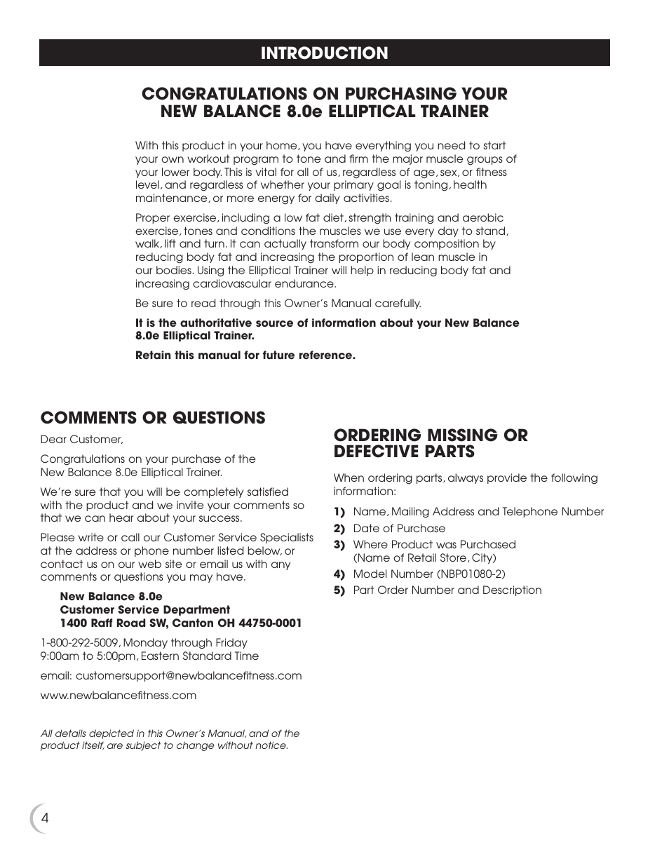 Comments or questions, Ordering missing or defective parts | Fitness Quest 8.0e User Manual | Page 5 / 26