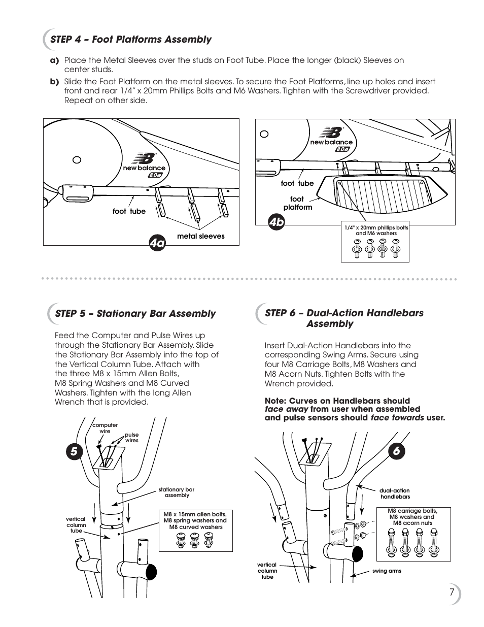 4a 4b, 7step 4 – foot platforms assembly, Step 5 – stationary bar assembly | Step 6 – dual-action handlebars assembly | Fitness Quest 8.0e User Manual | Page 8 / 26