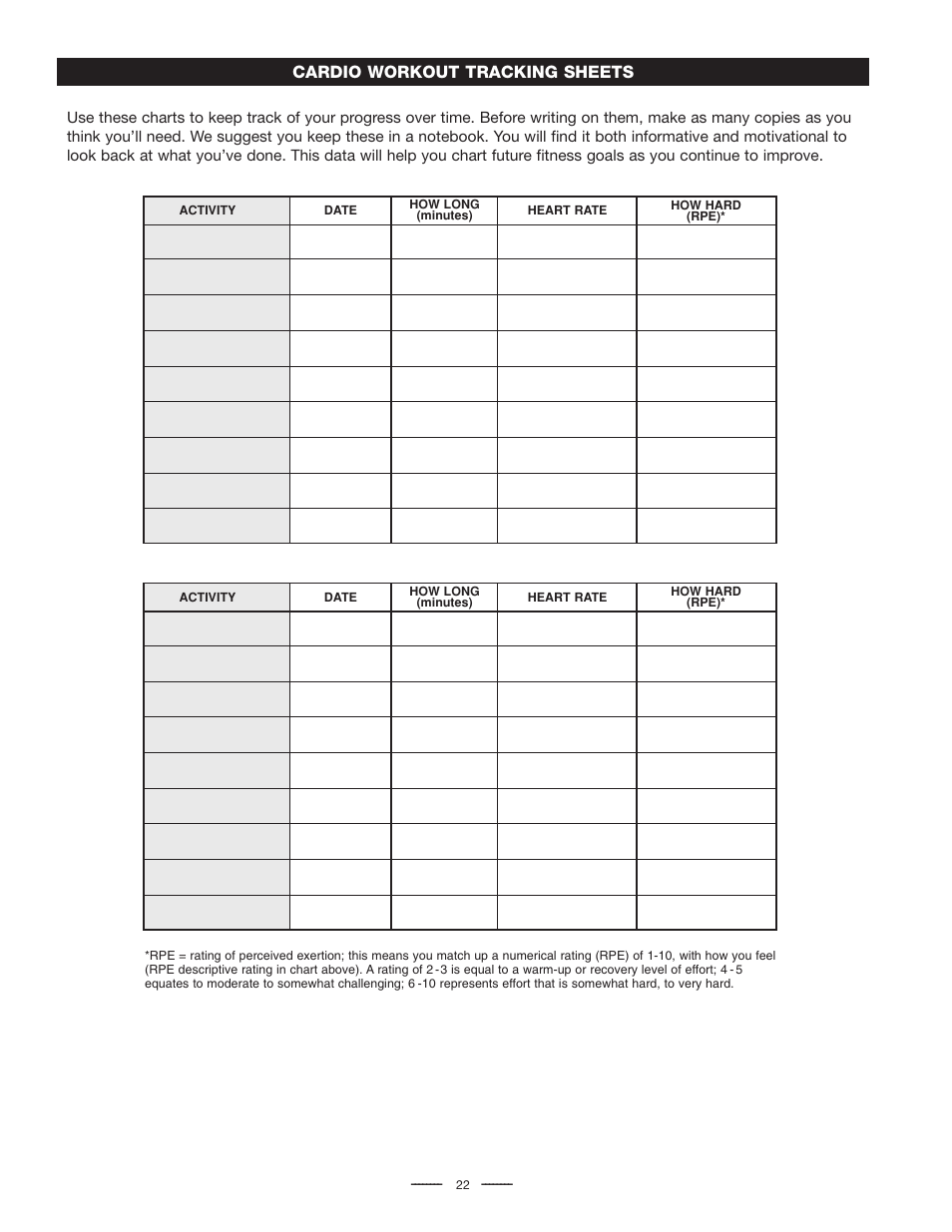 Cardio workout tracking sheets | Fitness Quest Quest Ab Lounge XL System User Manual | Page 24 / 31