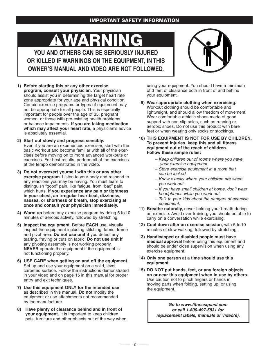 Warning | Fitness Quest Quest Ab Lounge XL System User Manual | Page 3 / 31