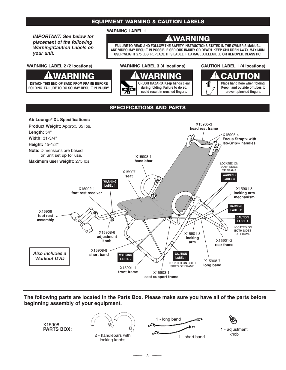 Caution, Warning, Equipment warning & caution labels | Specifications and parts | Fitness Quest Quest Ab Lounge XL System User Manual | Page 5 / 31
