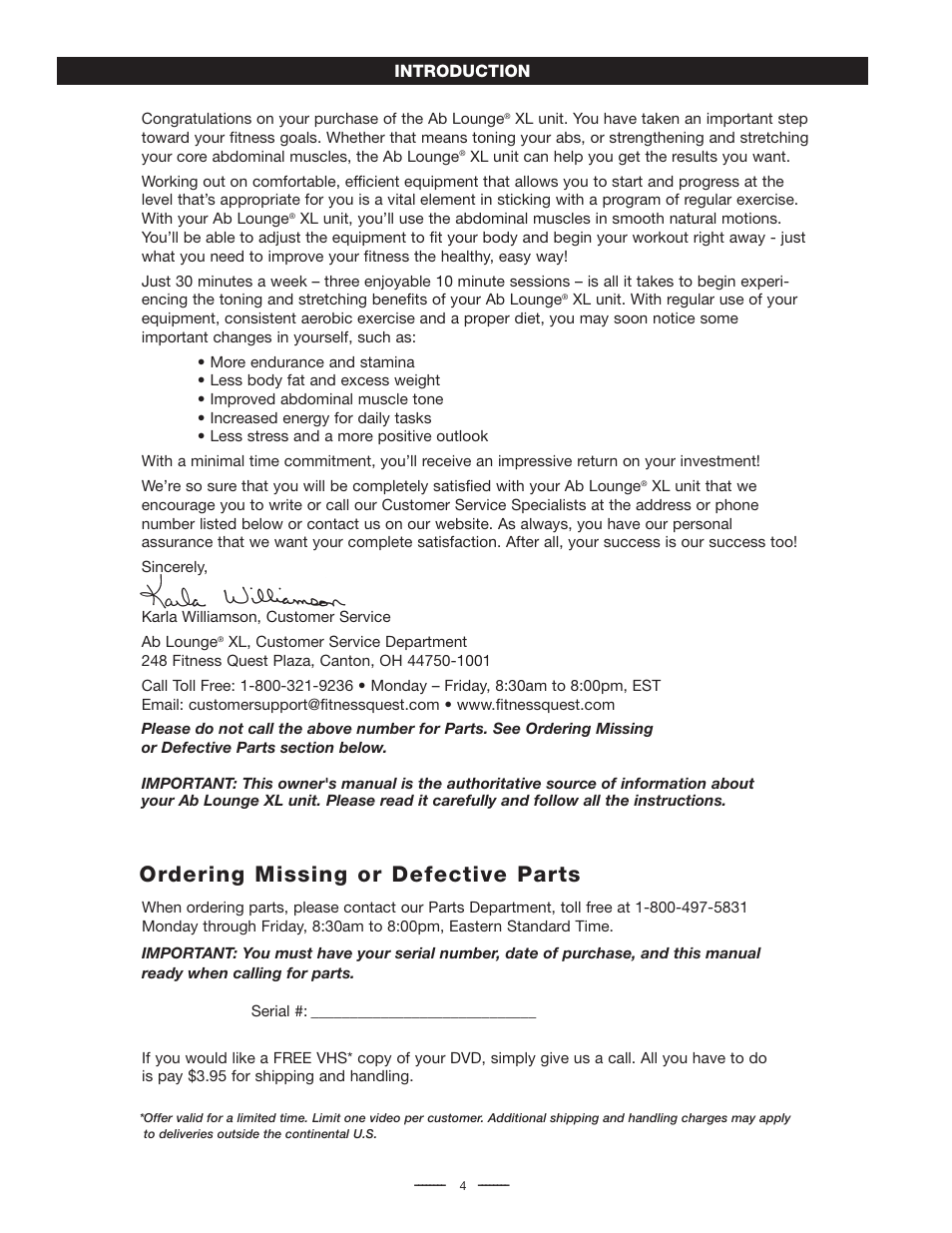 Ordering missing or defective parts | Fitness Quest Quest Ab Lounge XL System User Manual | Page 6 / 31