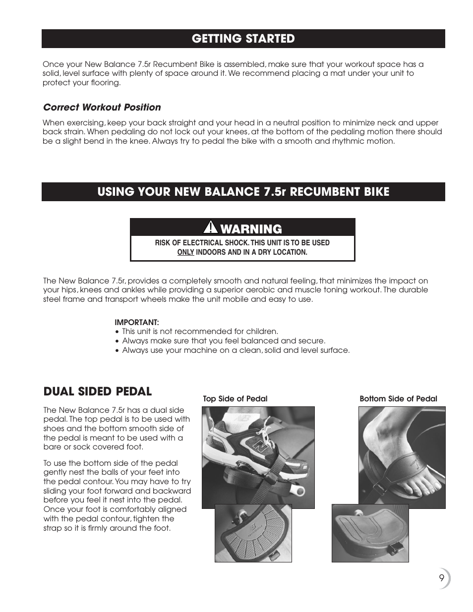 Warning, Using your new balance 7.5r recumbent bike, Getting started | Dual sided pedal | Fitness Quest 7.5r User Manual | Page 10 / 26