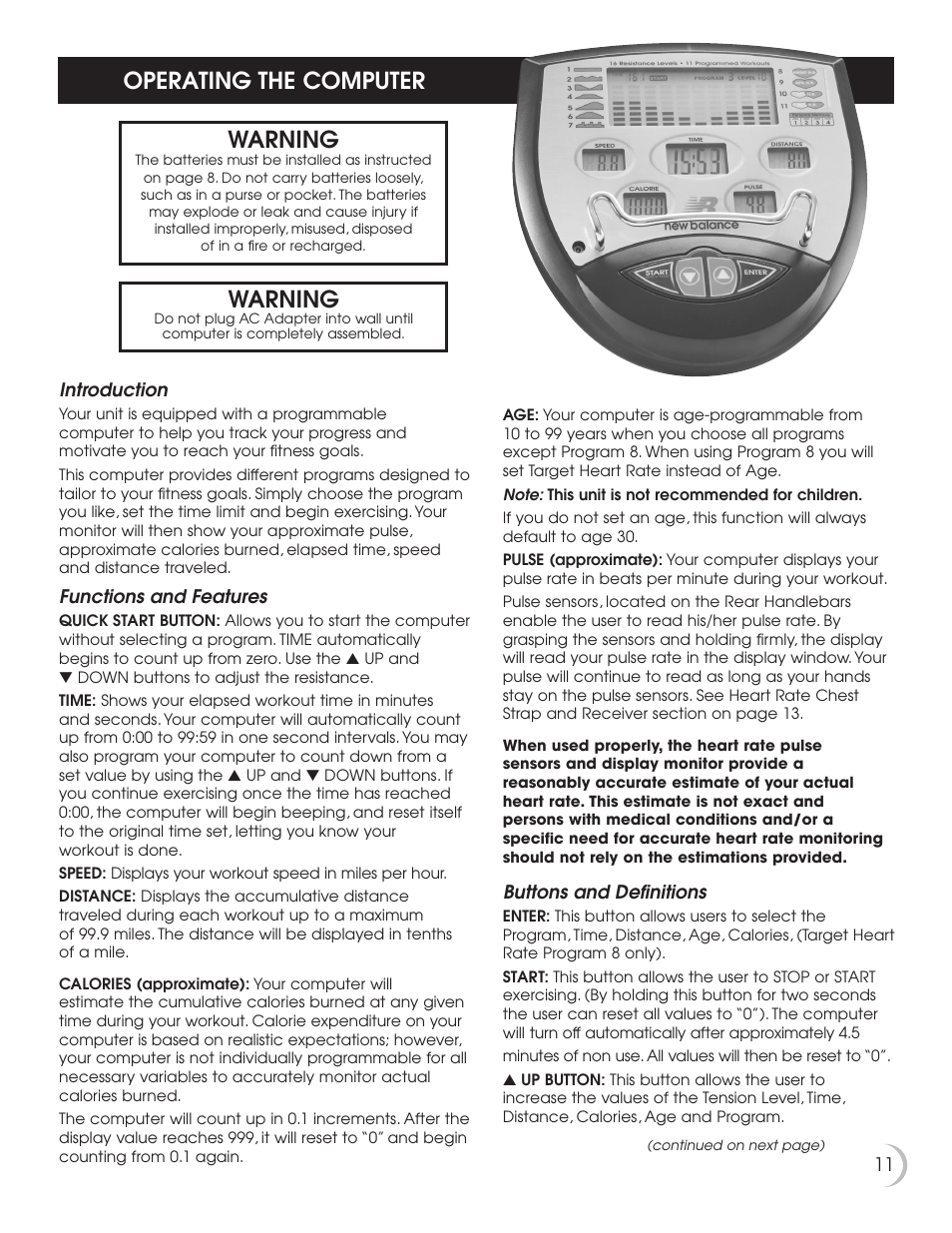 Operating the computer warning, Warning | Fitness Quest 7.5r User Manual | Page 12 / 26