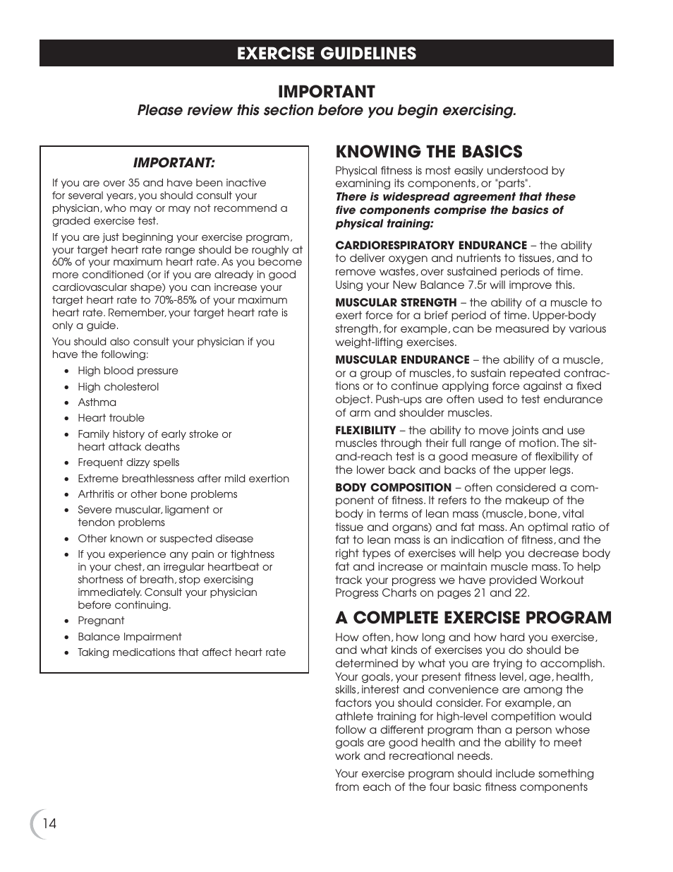 Important, Exercise guidelines, Knowing the basics | A complete exercise program | Fitness Quest 7.5r User Manual | Page 15 / 26