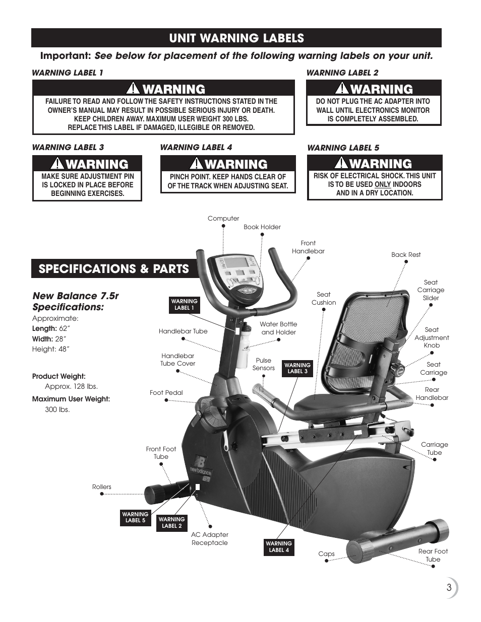 Warning, Specifications & parts, Unit warning labels | Fitness Quest 7.5r User Manual | Page 4 / 26