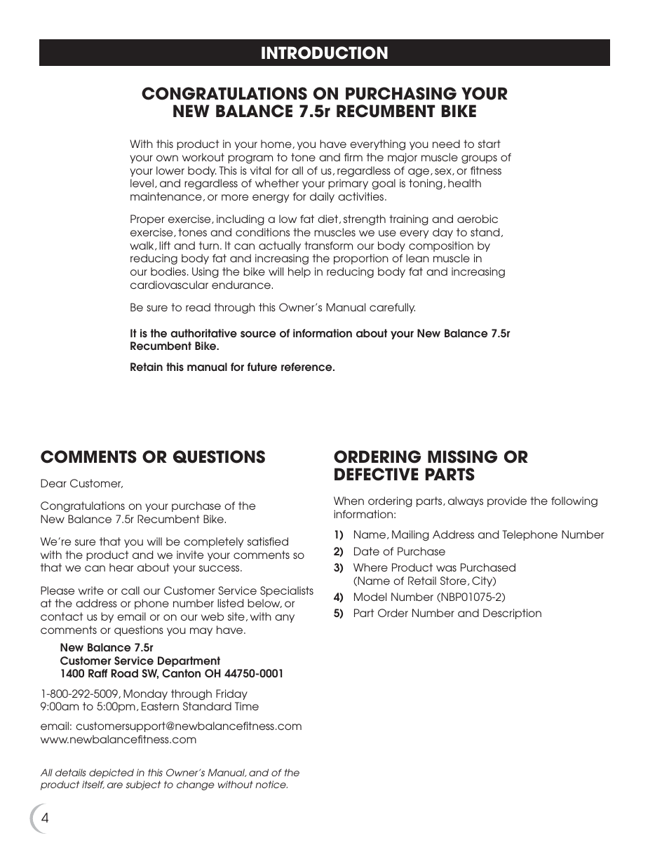 Comments or questions, Ordering missing or defective parts | Fitness Quest 7.5r User Manual | Page 5 / 26