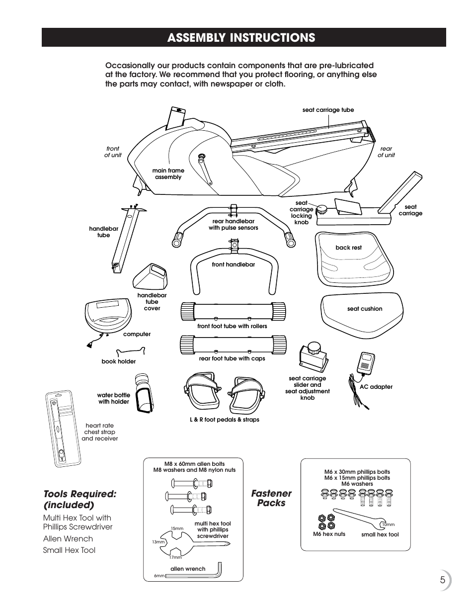 Assembly instructions, 5tools required: (included), Fastener packs | Fitness Quest 7.5r User Manual | Page 6 / 26