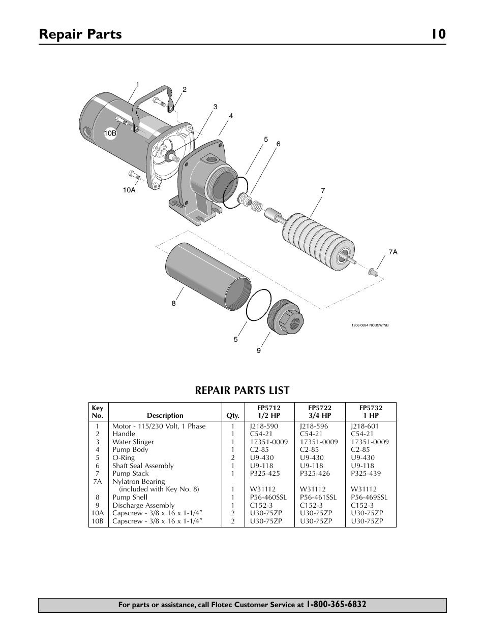 Repair parts 10, Repair parts list | Flotec FP5722 User Manual | Page 10 / 28